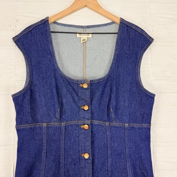 Madewell Y2K Denim Midi Dress Size 14 Benton Wash Blue Square Neck Button Front - Picture 3 of 13